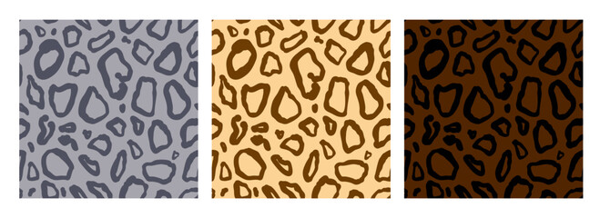 A set of seamless patterns featuring wild cat skin in three colors, a modern collection of prints for fabric and paper. © Senaysky
