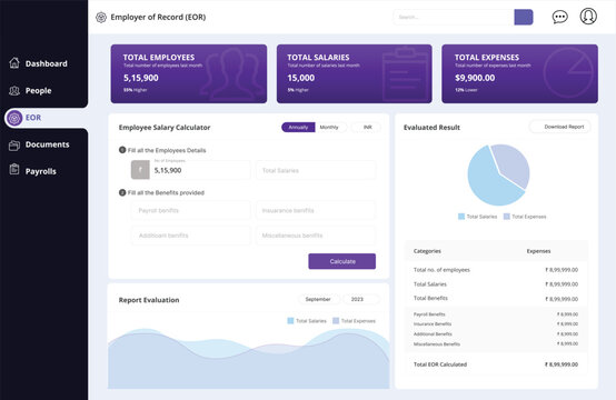 Employer of Record EOR Dashboard UI Design with Payroll Analytics and Employee Management Interface.eps