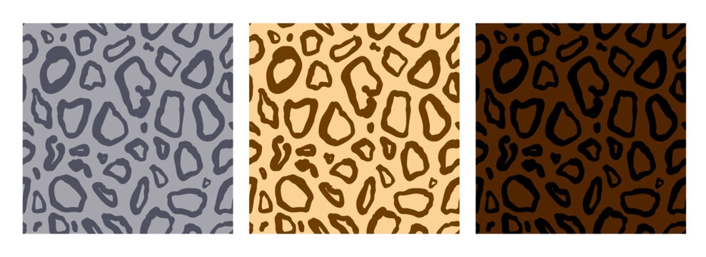 A set of seamless patterns featuring wild cat skin in three colors, a modern collection of prints for fabric and paper.