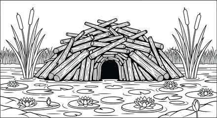 Beaver lodge in a pond with water lilies and cattails, black and white vector illustration for a children's coloring book, animal habitat. © Ndjeo