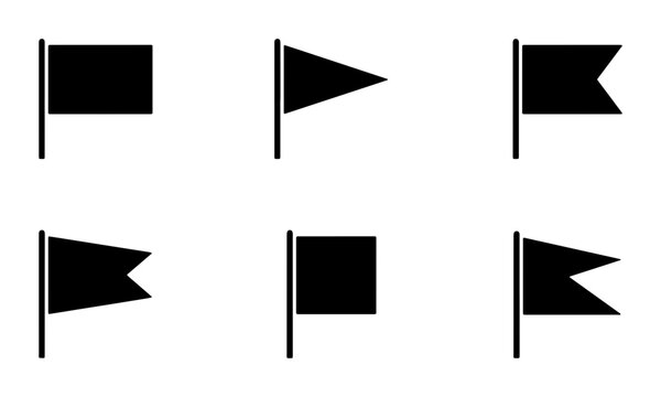 Set of 6 Black Flag Icons, Vector Graphics Collection, Simple Shapes for Navigation and Signal Symbols
