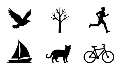 Silhouette Icons: Bird, Tree, Runner, Sailboat, Cat, Bicycle. Simple Vector Graphics for Lifestyle and Nature Themes © Shariful