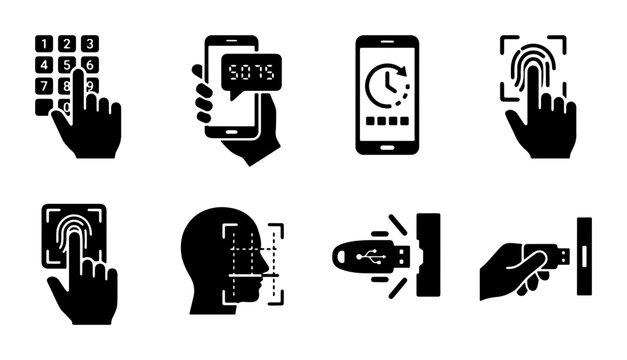 Security Icons Set: Biometric Access, Digital Key, Fingerprint, Face Scan, PIN Pad, USB Drive