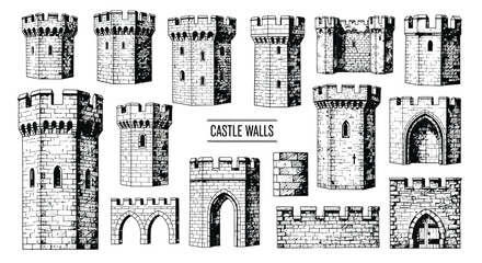 Various hand-drawn castle walls, towers, and gates, showcasing medieval architecture and fortification designs. © Ndjeo