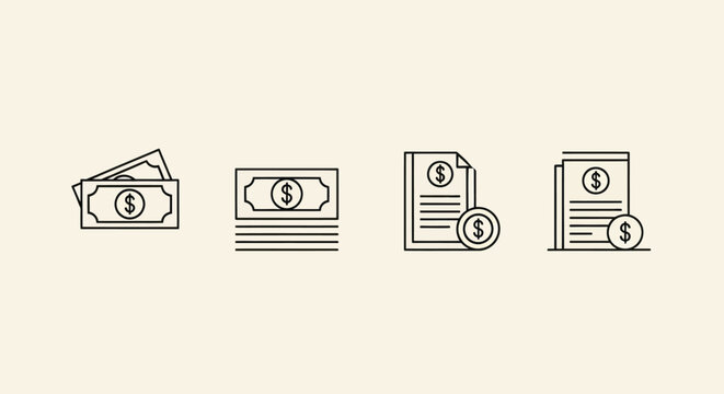 Finance icons money documents and currency