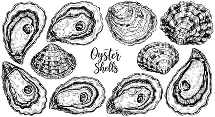 Detailed collection of oyster shell illustrations rendered in hand drawn ink style depicting textured mollusk shells for culinary marine or seafood designs. © Ndjeo