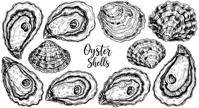 Detailed collection of oyster shell illustrations rendered in hand drawn ink style depicting textured mollusk shells for culinary marine or seafood designs.