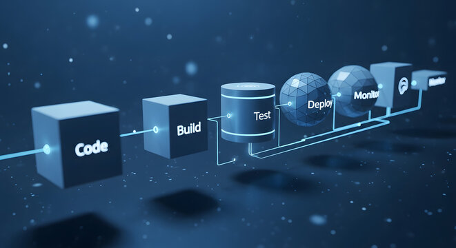 Continuous integration and deployment software pipeline stages with interconnected icons for code, build, and monitoring