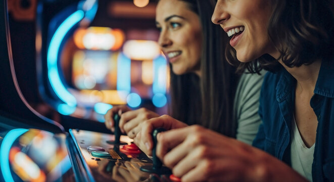 Women enjoying group arcade game playing, vibrant neon lights at amusement center. Friends laugh, operate joysticks, immersed in lively group arcade game playing.