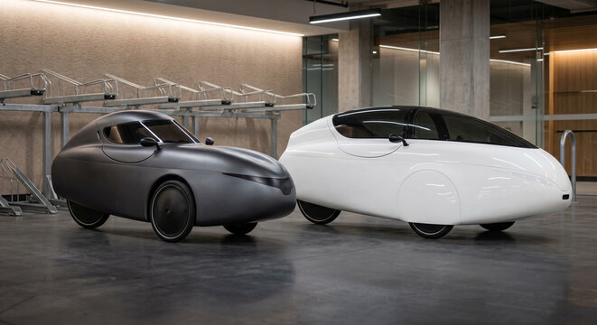 Two futuristic black and white micro concept cars parked inside a modern showroom garage