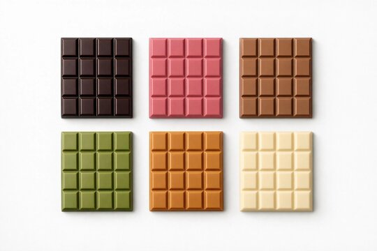A minimalist overhead shot of six diverse chocolate bars in different colors and flavors, arranged in a neat 2x3 grid on a clean white surface.