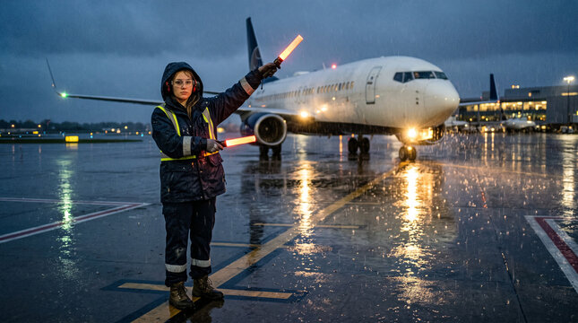 Airport ground crew marshalling airplane on wet runway at dusk