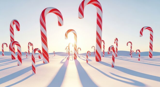 A magical winter forest landscape featuring towering red and white striped candy canes standing like massive trees amidst soft white snow, candy cane, surreal, seasonal celebration