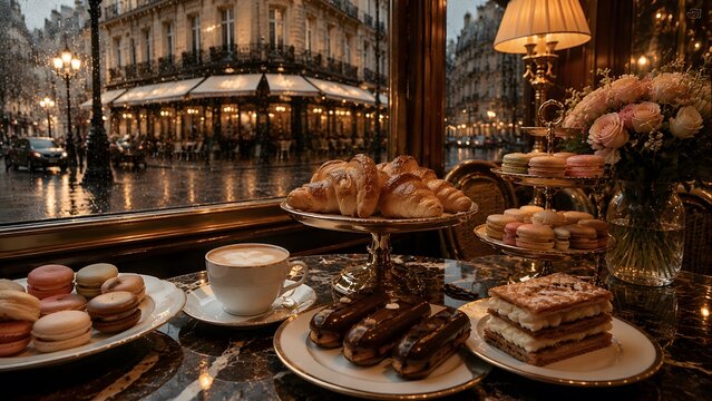 Delicious French pastries including golden croissants chocolate eclairs colorful macarons and a warm cup of coffee sit elegantly on a marble table inside a cozy cafe during a rainy evening