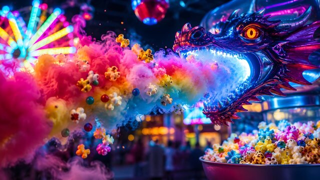 Vibrant dragon head breathing rainbow popcorn clouds, surreal amusement park carnival scene, neon fantasy night festival atmosphere