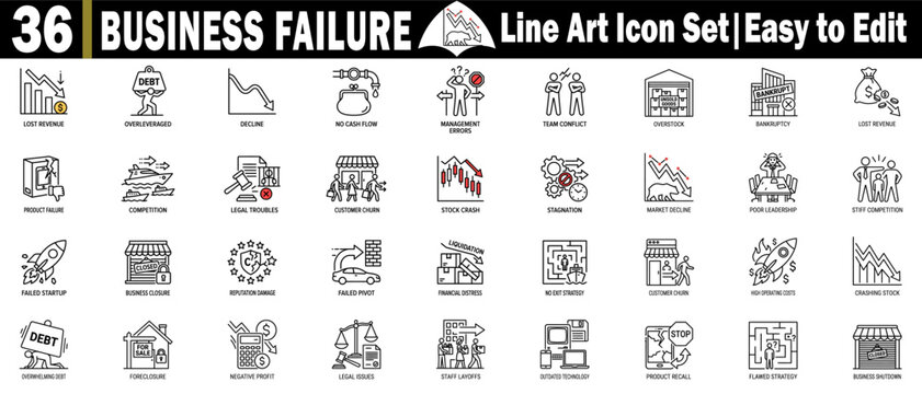 Business failure line art icon set. Showing of market decline, bankruptcy, revenue loss, financial distress, and commercial economic crisis, and more.