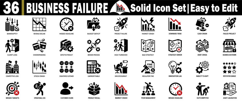 Business failure solid icon set. Including bankruptcy symbols, revenue decline, market crash, missed deadline, and financial struggle.