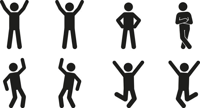Black silhouettes of stick figure people in diverse postures, standing, dancing, jumping, and expressive gestures representing lifestyle and movement concepts