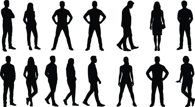 Collection of black silhouettes showing diverse human postures, casual standing, walking, and expressive stances in modern lifestyle illustration