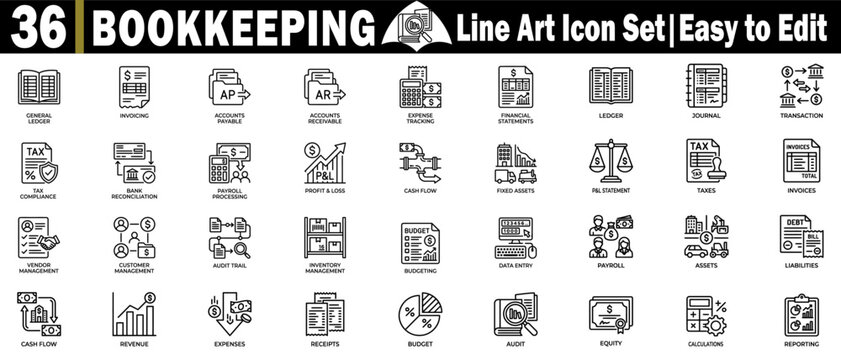 Bookkeeping line art icon set. Showing of accounting, financial management, general ledger invoicing, payroll, and business expense tracking.