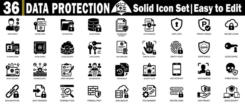 Data protection solid icons set. Easy to edit for security, including privacy shield, secure login data encryption, and database access.