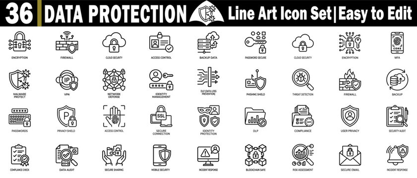 Data protection line art icons set. Easy to edit for cybersecurity firewall, cloud access control, password encryption, and threat detection.