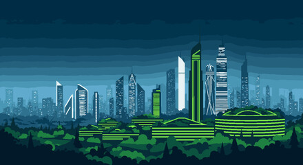 Fototapeta premium Modern city skyline with futuristic skyscrapers and lush green trees, symbolizing urban development and eco-friendly architecture.