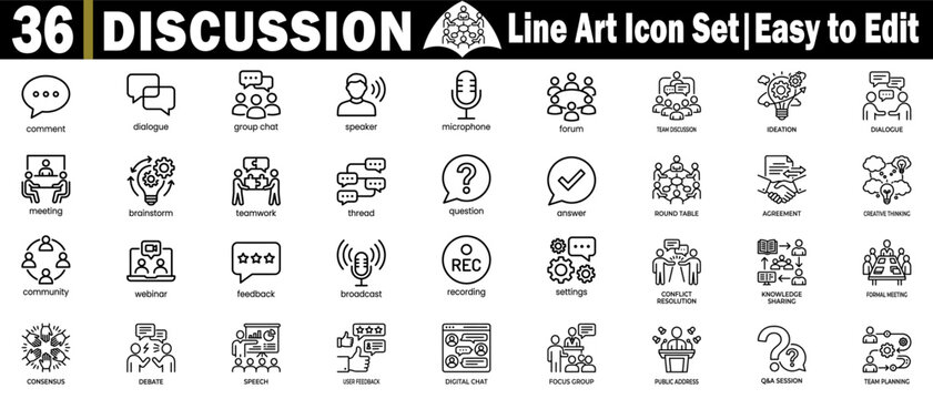 Discussion line art icon set. Presenting diverse symbols for team communication, brainstorming meetings, and corporate professionals.