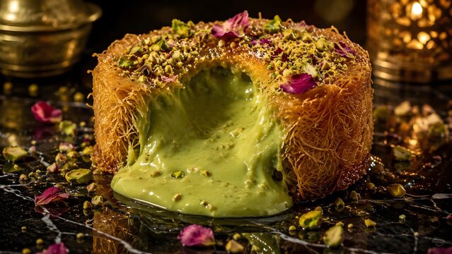 Traditional Kunafa with molten pistachio cream filling, Middle Eastern dessert with shredded phyllo dough, golden kataifi pastry with nuts