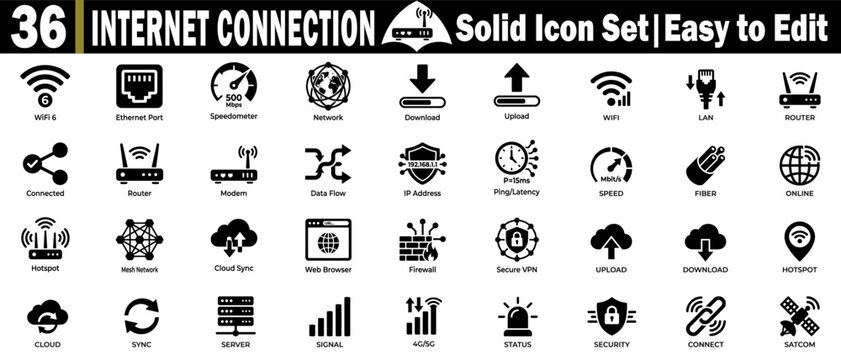 Internet connection solid icon set. Showing of digital infrastructure with thirty-six vector graphics for networking, web, and data.