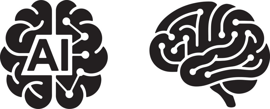 Brain circuit icons set depicting an artificial intelligence concept with digital connections and nodes.
