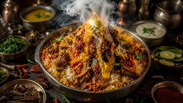 This steaming hot biryani photograph captures a vibrant platter of aromatic spiced rice layered with tender meat chunks served in a large metallic bowl for an authentic gourmet dining experience.