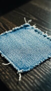 Blue fabric textile patch on dark wooden surface