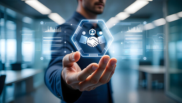 Digital handshake concept with data analytics interface in modern office setting