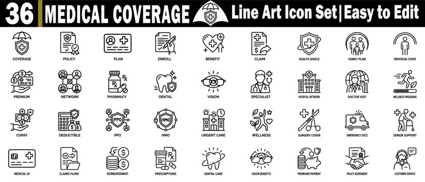 Medical coverage line art icon set. Containing 36 healthcare, insurance symbols for claims policies, and hospital network services.