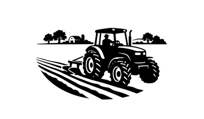 Farm tractor plowing field silhouette icon agricultural vehicle working on farmland countryside landscape background isolated on white background vector illustration © Hosneara