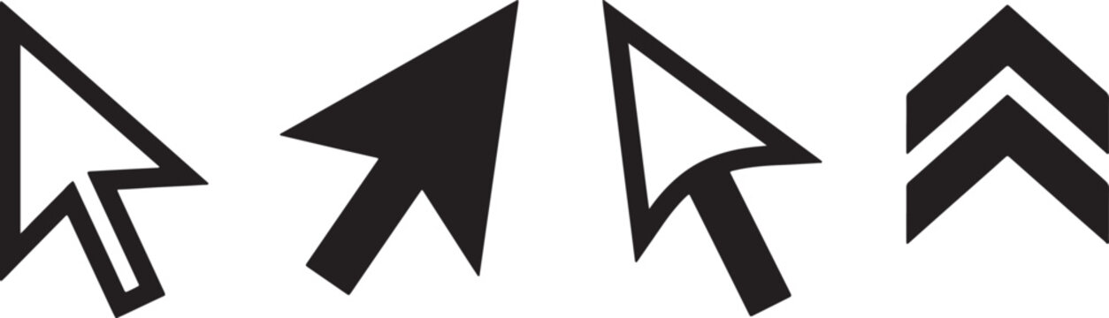 Black and white arrow cursors and abstract chevrons, style also transparent background