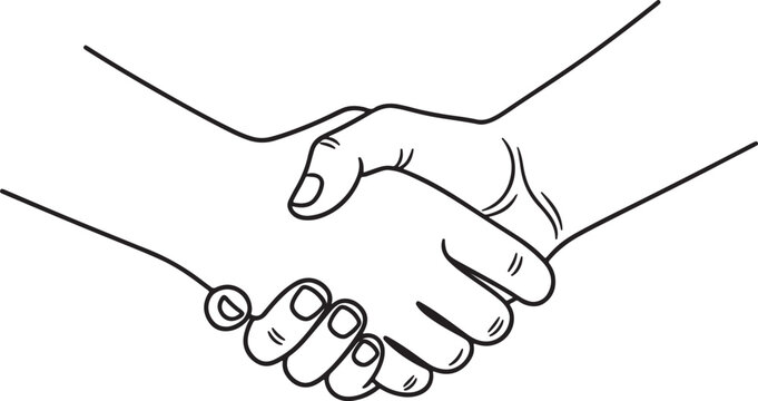 Black and white line of two hands shaking in agreement also transparent background, handshake line traced