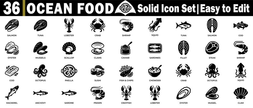 Ocean food solid icon set. easy to edit. salmon, tuna, lobster, crab, shrimp, squid, cod, oyster, mussels, scallop.