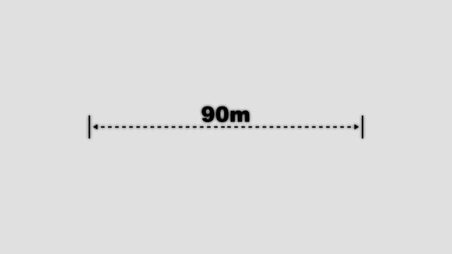 Measuring distance length dotted line animation. A dotted line representing a 90 meter measurement for design and layout purposes. 90 meter dimension dotted line for measurement.