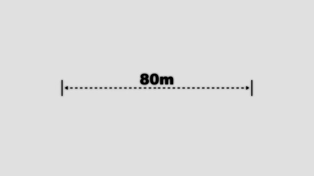 Measuring distance length dotted line animation. A dotted line representing a 80 meter measurement for design and layout purposes. 80 meter dimension dotted line for measurement.