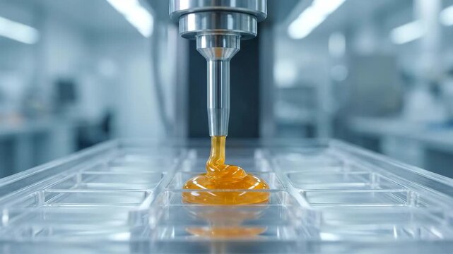 High-precision medical 3d-printer nozzle extruding glowing amber hydrogel cell matrix into microfluidic tray for advanced biotech research in a sterile white lab.