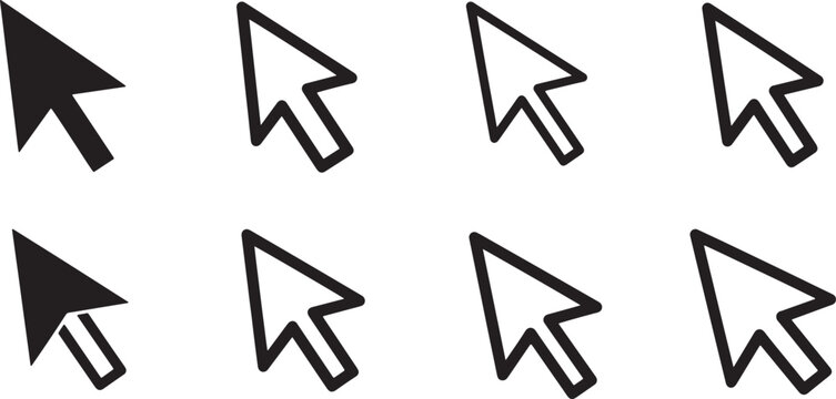 Collection of black and white minimalist arrow mouse cursor also transparent background, pointer