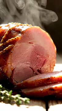 Roast pork with glossy sauce and fresh herb garnish