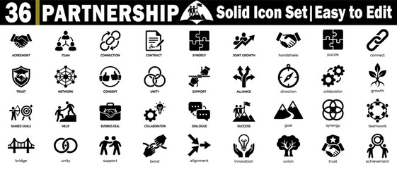 Obraz premium Partnership solid icon set. Showing business development, teamwork synergy, collaboration trust, success, and professionalism.