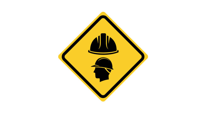 Yellow warning sign with hard hat icon for safety at construction site
