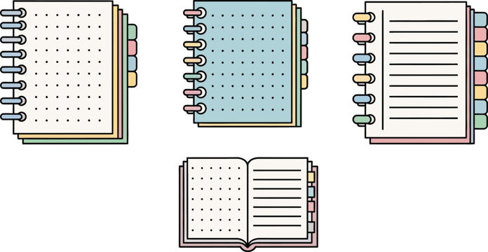Set of assorted notebooks, planners, and journals with colorful tabs