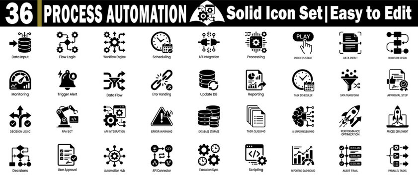 Process automation solid icon set. Easy to edit, business management, production, optimization, and more.