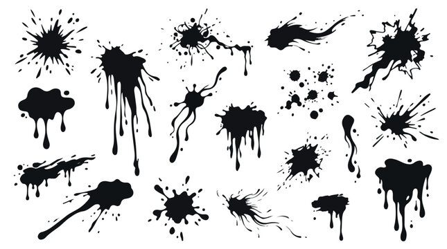 Collection of various black ink splatters and drips on a white background, with dynamic compositions and textures.