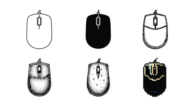 Computer mouse icons displayed in multiple visual formats including simple line drawing solid black fill cross hatch sketch and retro pixelated artwork.